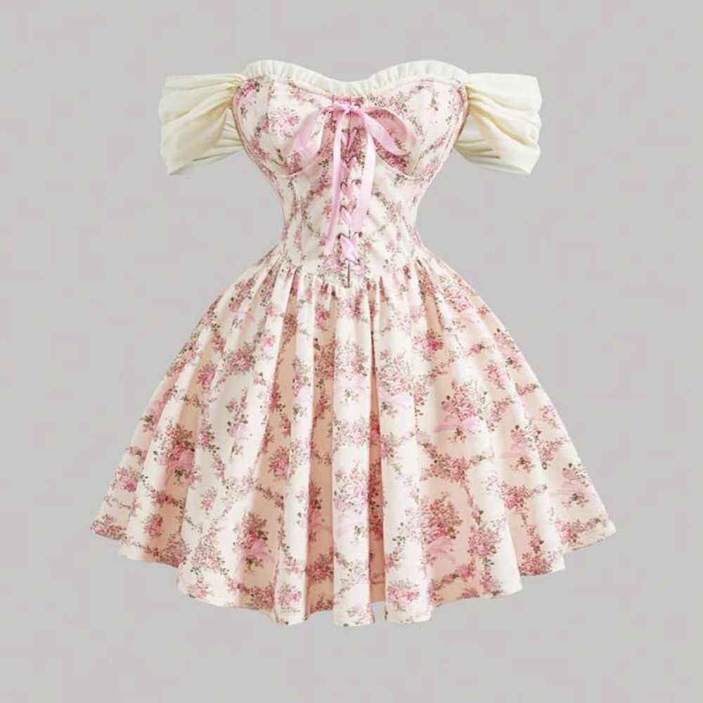 Pink Floral Off-Shoulder Fit-and-Flare Dress